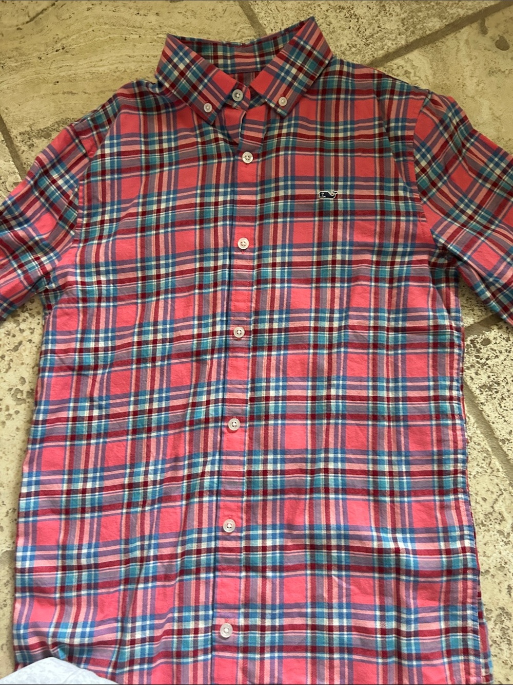 Boys 12-14 NWT never worn Vineyard Vines Pink and Blue Plaid Button-Down Shirt.
